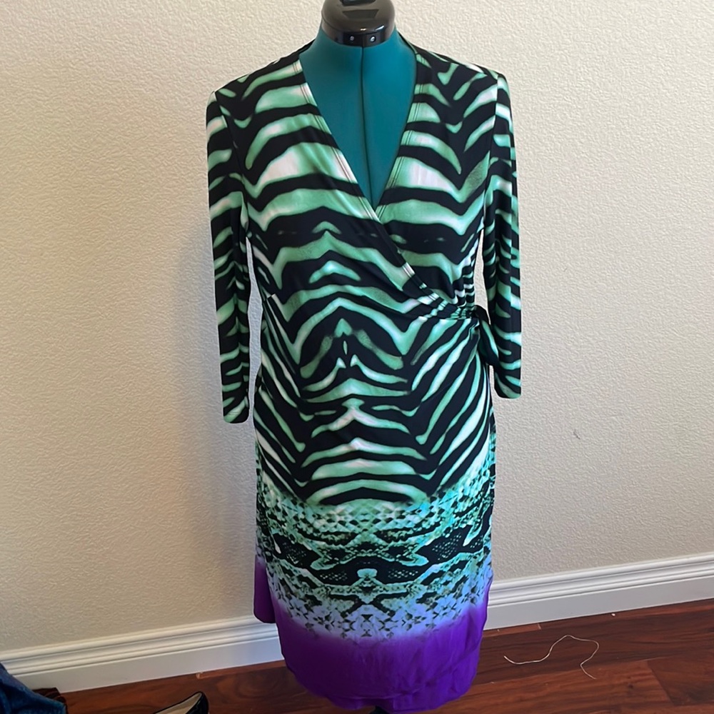 Green and purple printed wrap dress
